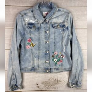 Demin Jacket Girls 16 /18 Blue Button‎ Up Embroidered Floral